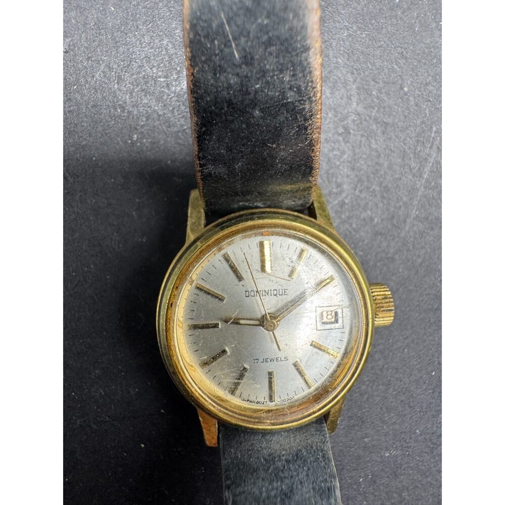 Vintage Dominque 17 Jewels Date Women’s Watch Gold Tone Black Leather Band